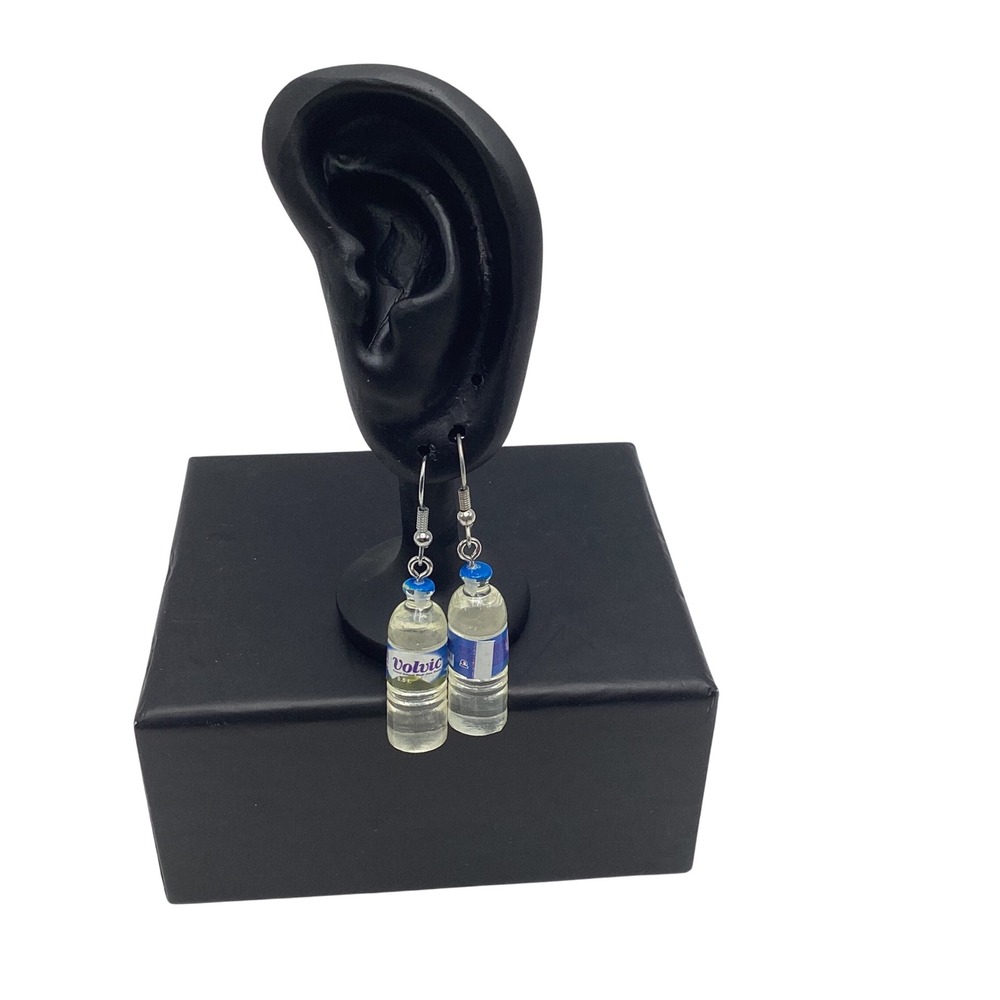 Volvic Water Bottle Miniature Dangle Earrings Novelty Kitsch Jewelry Blue Silver
